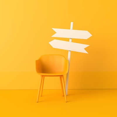 Office Chair With Blank Direction Sign Post Arrow Career Change Development Concept 3d Rendering