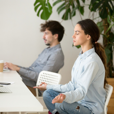 Mindful Calm Young Woman Taking Break Office Meditation